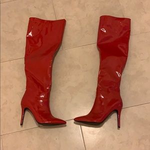 Red pleather thigh high boots